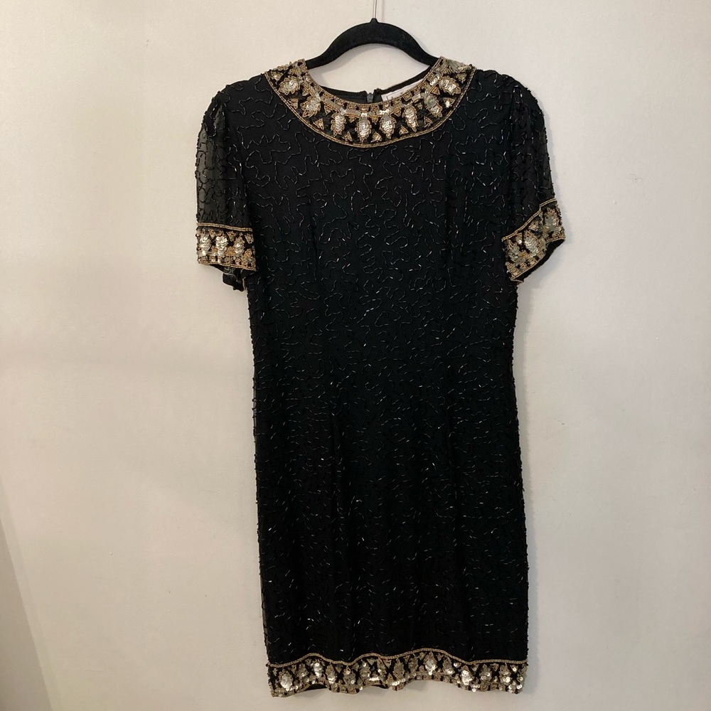 A.J. Bari vintage black beaded silk sheath dress sz 8